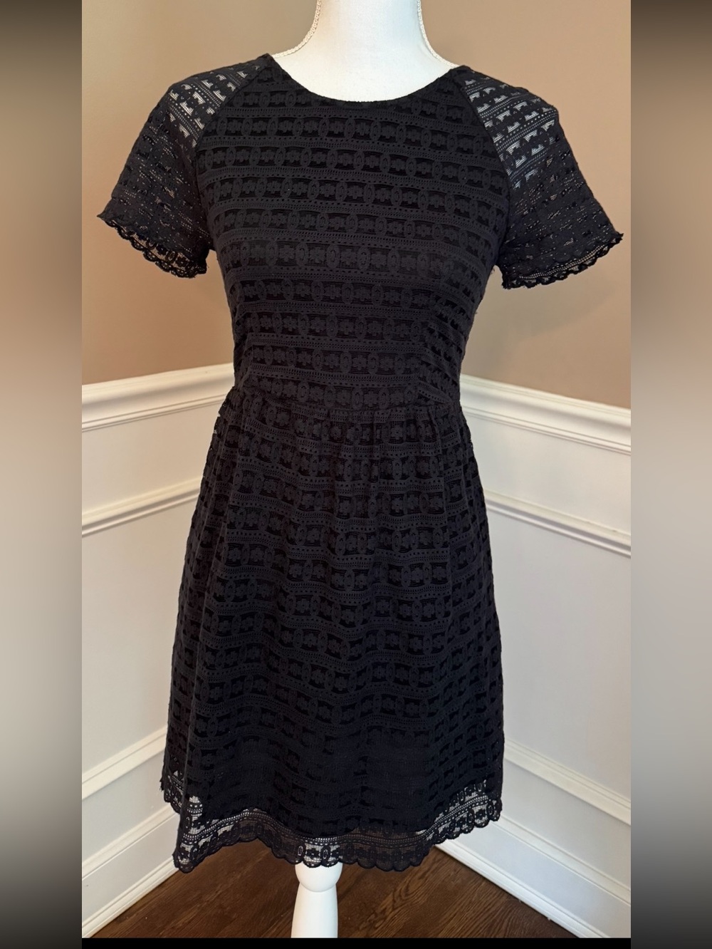 Free People Black Eyelet Lace Dress Size 4 Boho Short Sleeve